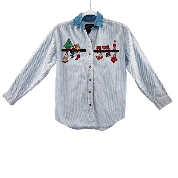 Vintage Solutions Blue & White Christmas Embroidered Striped Polo Shirt Womens S - Picture 2 of 6